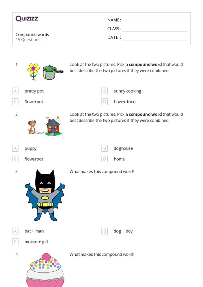 First grade worksheet featuring a compound words quiz with fill-in-the-bubble format
