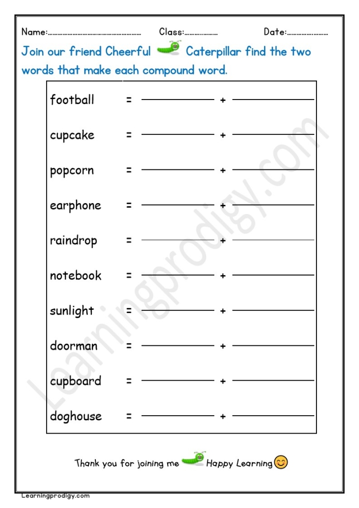 Worksheet featuring a Compound Words Quiz for first graders to test their knowledge