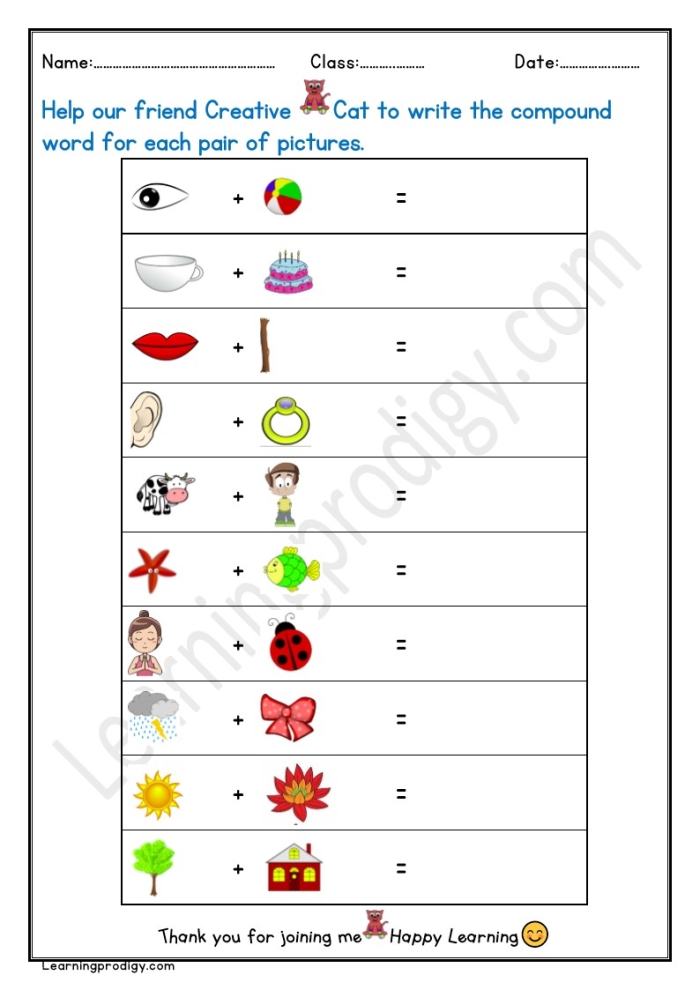 Worksheet showcasing a Compound Words Quiz for first graders