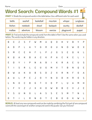 First grade worksheet showing examples of combining two smaller words to form compound words