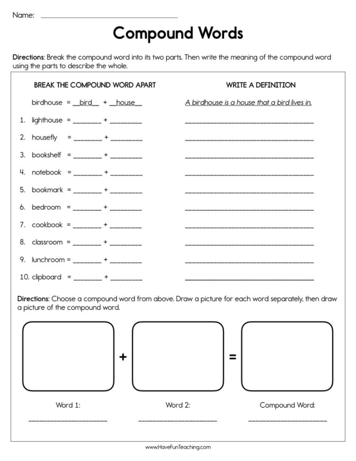 Worksheet image featuring a visual clue for first graders to combine words into compound words. Word Addition: Compound Words 1 worksheet for first grade students.