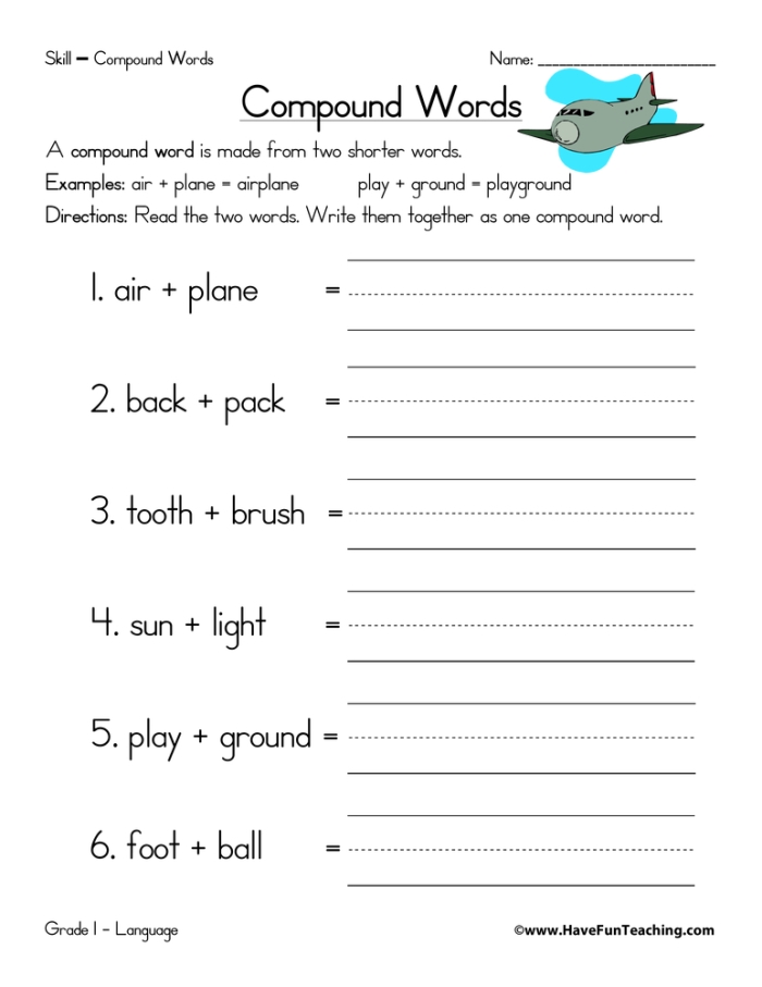 First grade student worksheet featuring illustrations to help children practice combining two words into one compound word