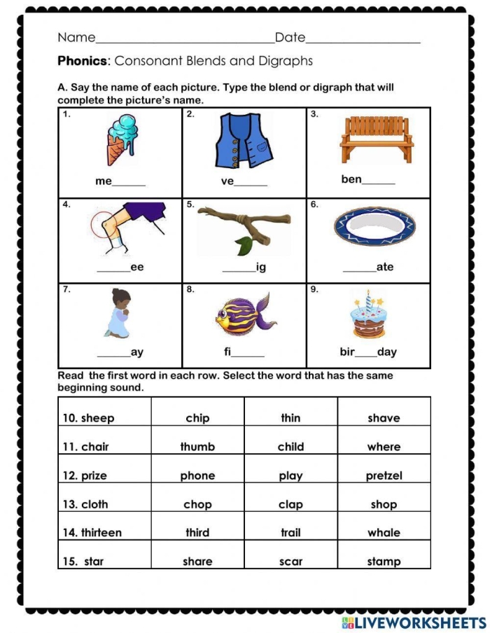 Consonant blends worksheet for first graders featuring spring-themed activities