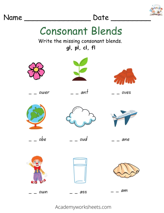 Consonant blends worksheet for first graders featuring spring-themed illustrations