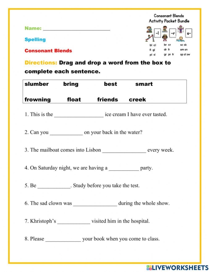 First grade students practicing consonant blends on a vibrant spring worksheet