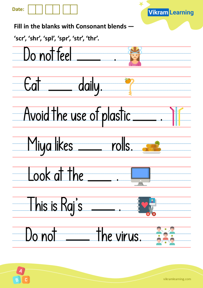 Colorful spring-themed worksheet for first graders to practice consonant blends