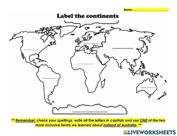 Cut-and-paste worksheet for first graders to label the continents