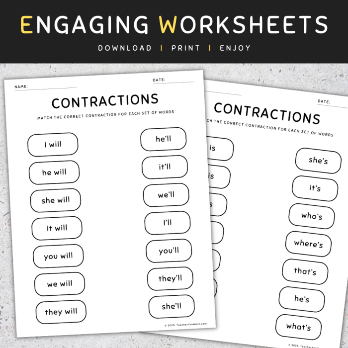 First grade student matching word pairs like do not and don't on a contraction worksheet