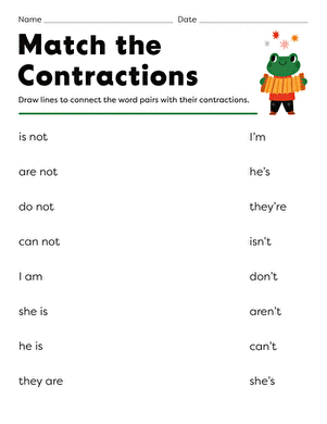 First grade worksheet for matching words to their correct contractions