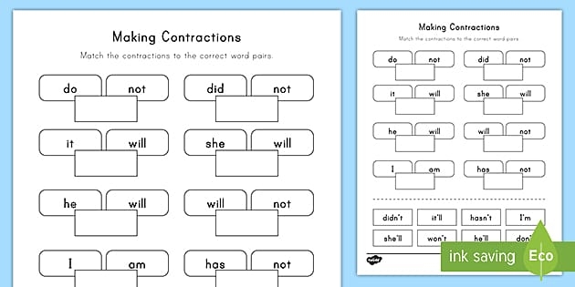 First grade students matching pairs of words to their correct contractions on a worksheet