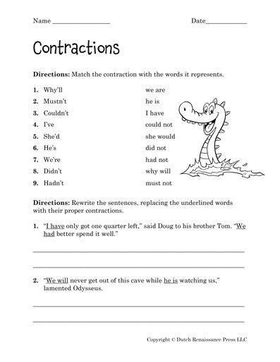 First grade worksheet featuring a contraction matching activity for young learners