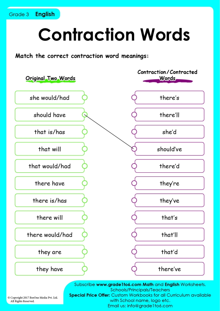 First grade worksheet illustrating contraction matching with eight word pairs