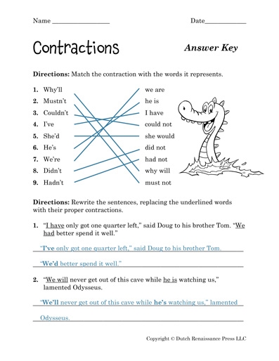 First grade students matching words with their contractions in a fun worksheet
