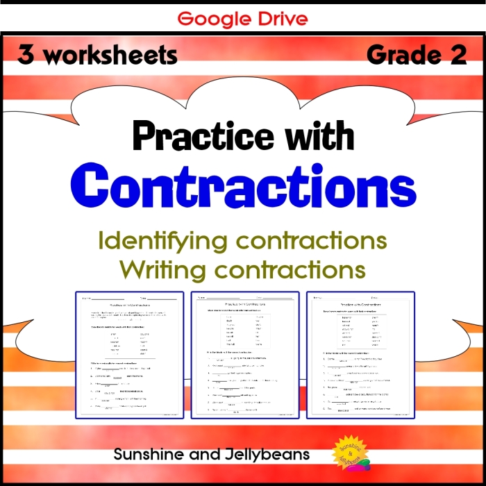 Worksheet showing a contraction matching exercise for first graders