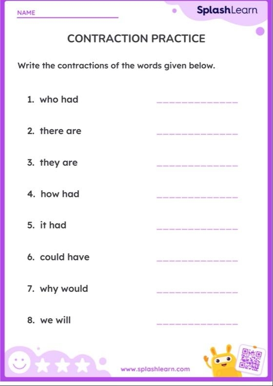 First grade worksheet illustrating the task of matching words with their contractions