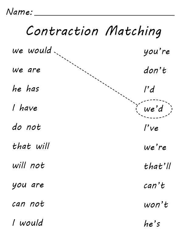 First grade students matching pairs of words to their correct contractions on a worksheet