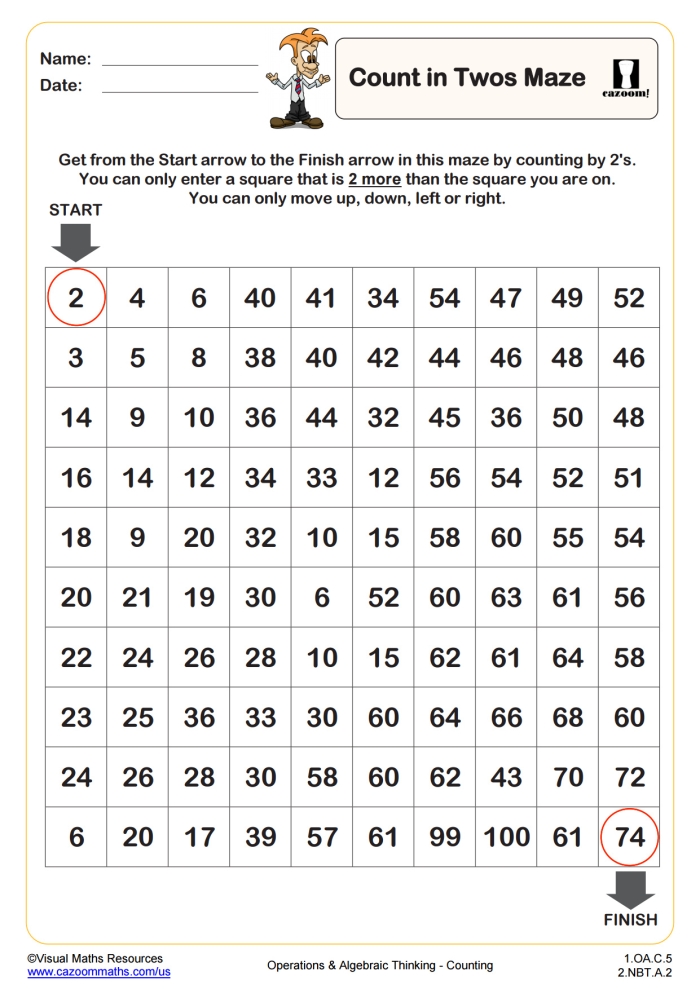 First grade students practice skip counting by twos on this math worksheet