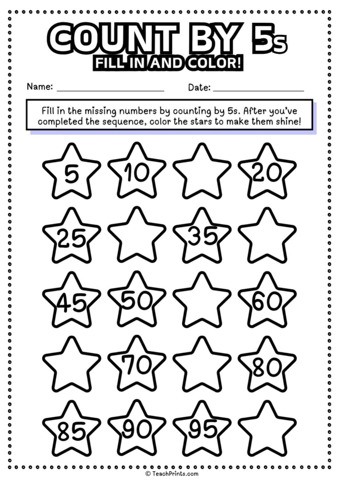 First grade math worksheet for counting by fives up to 100