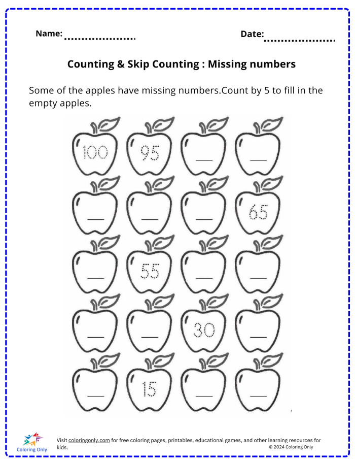 First grade math worksheet showing missing numbers in a counting by fives sequence up to 100