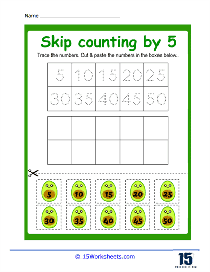 First grade math worksheet featuring a sequence of missing numbers to practice counting by fives up to one hundred