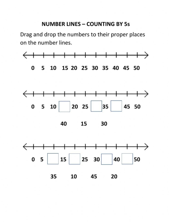 First grade missing numbers counting by fives math worksheet with blank spaces to fill in number sequences