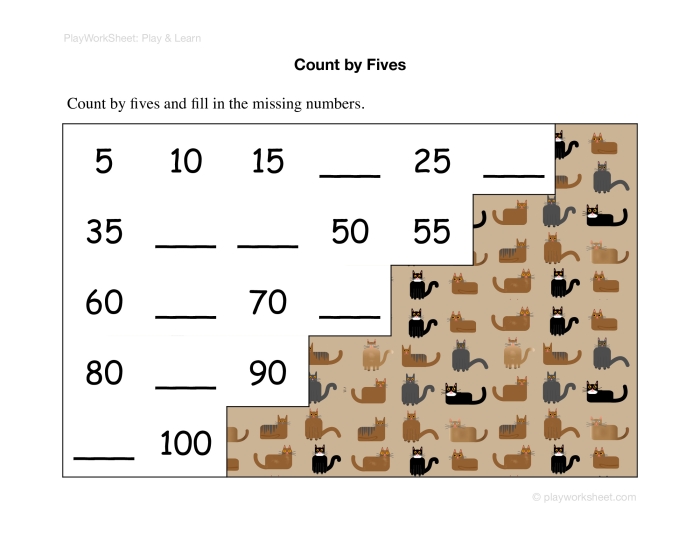 First grade math worksheet featuring counting by fives up to 100