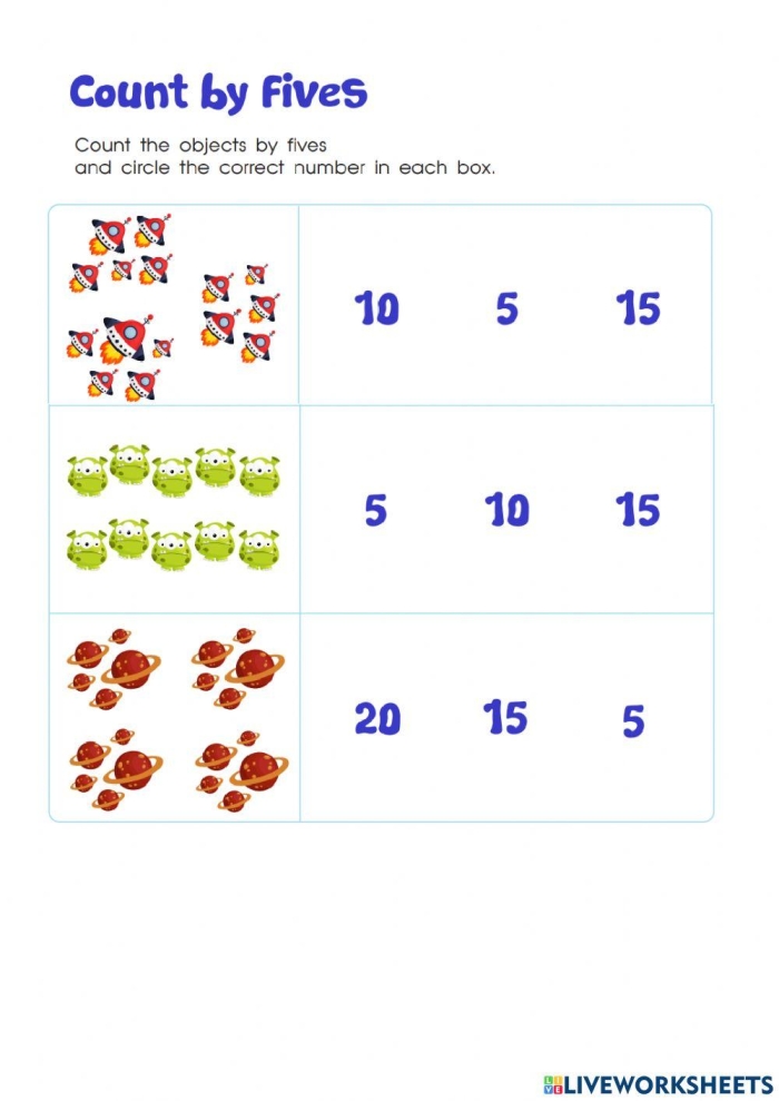 Kids practice counting by fives to reach 100 on this engaging math worksheet. First Grade Count by Fives Worksheet for Learning Addition Skills.