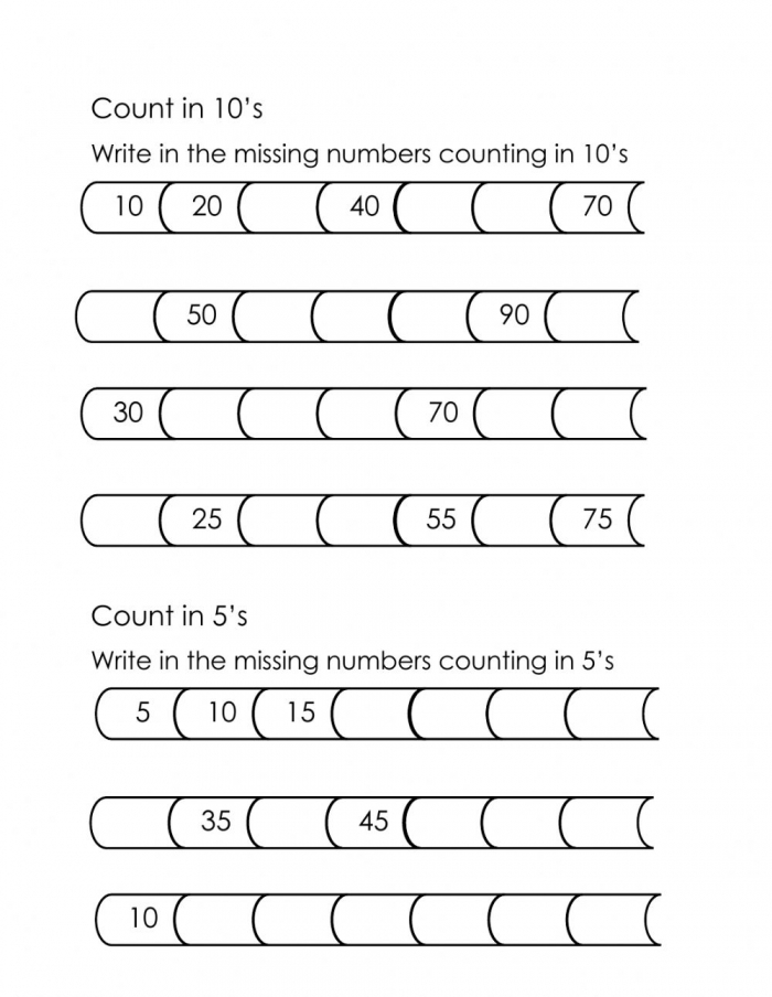 First grade student practicing counting by fives with missing numbers fill-in worksheet activity