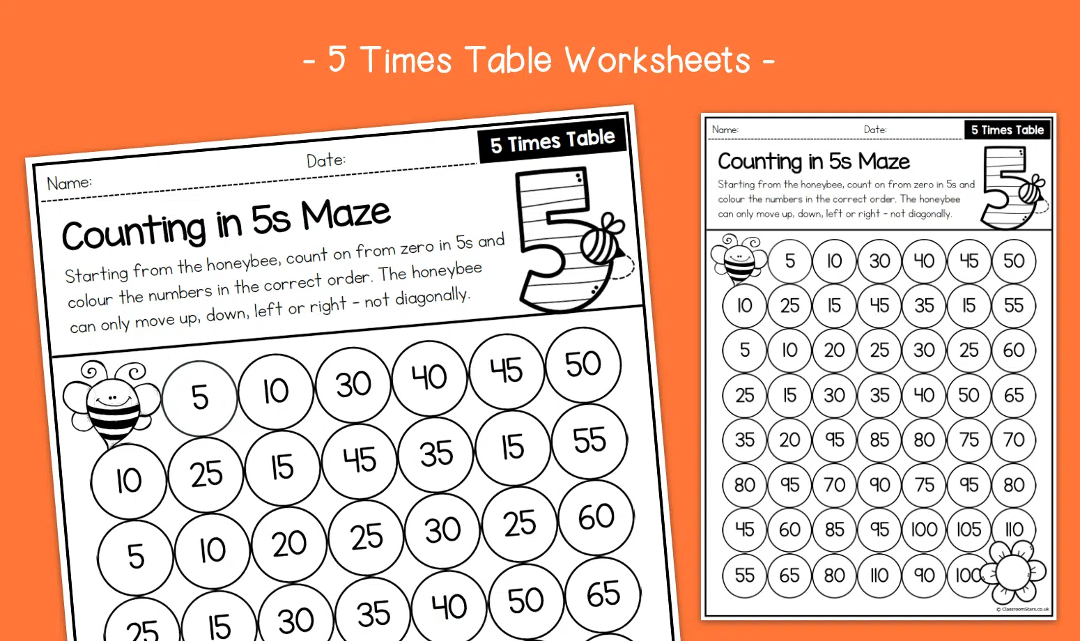 First grade worksheet featuring a maze where students count by 5's to find the correct path