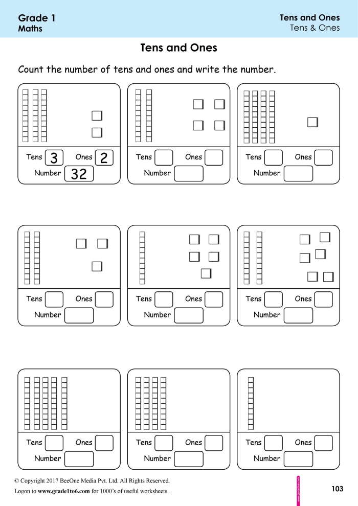 First grade student worksheet for practicing counting tens and ones to build place value skills
