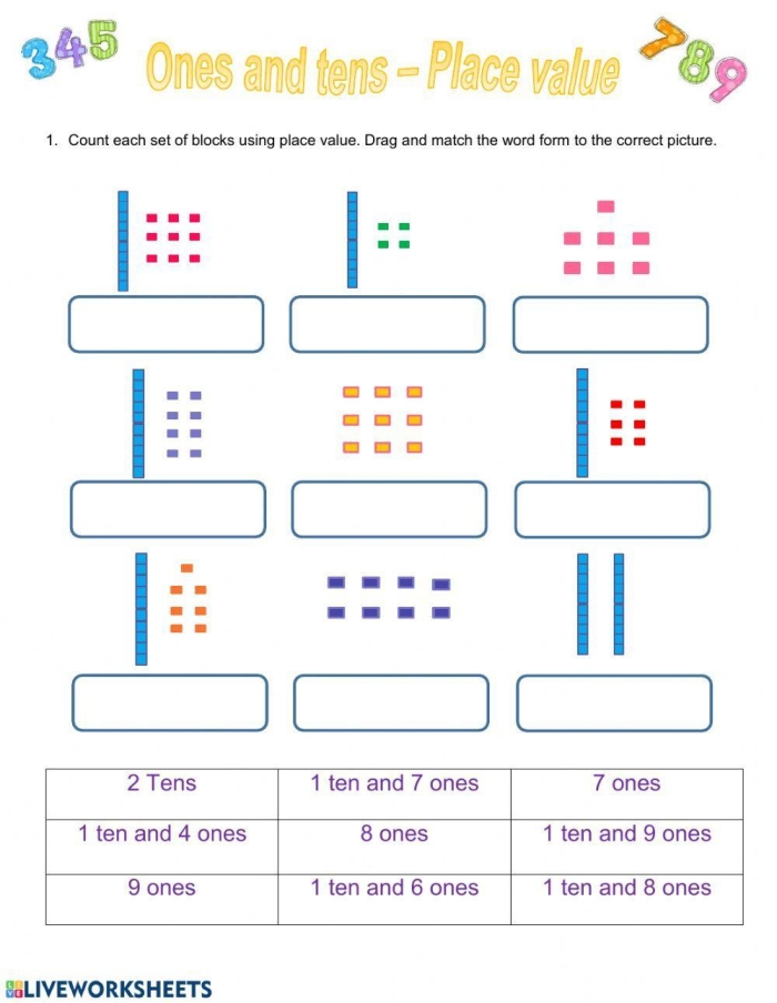 First grade student worksheet for practicing counting tens and ones place value