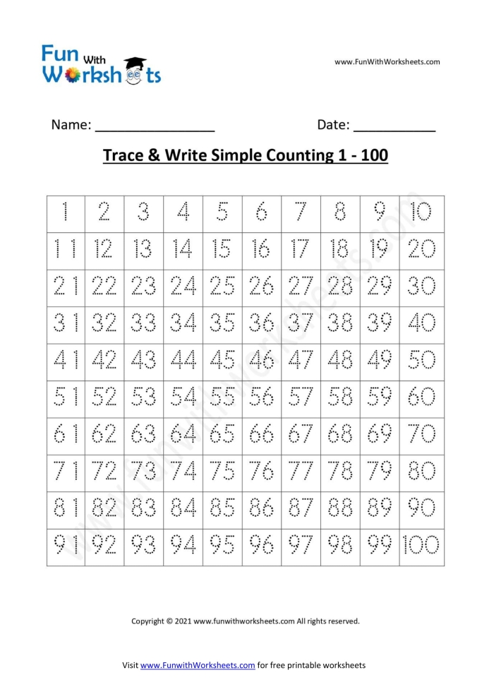 Engaging numbers to 100 worksheet for first graders to enhance their counting skills First grade worksheet for counting numbers up to 100 with a fun writing activity