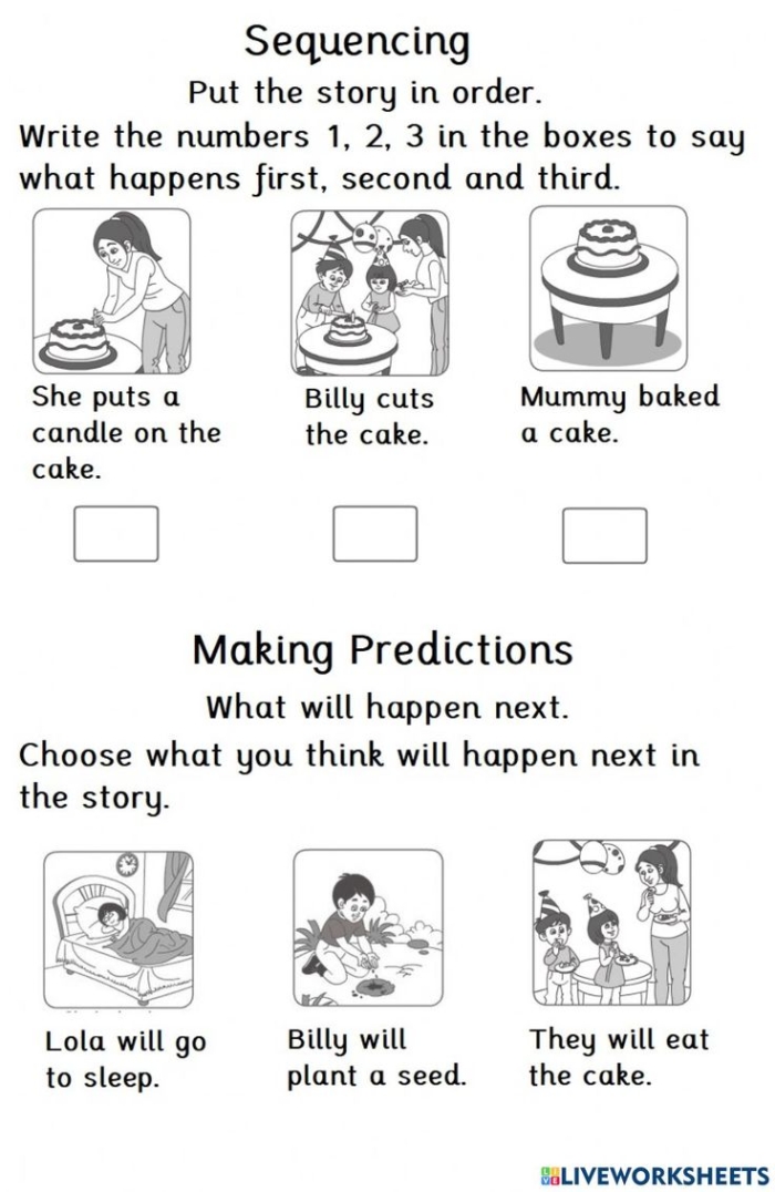 Writing worksheet for First Grade First grade students engaging with the Garden Power: Predictions worksheet, reading a story and illustrating their ideas. A creative writing activity for young learners to predict story outcomes.