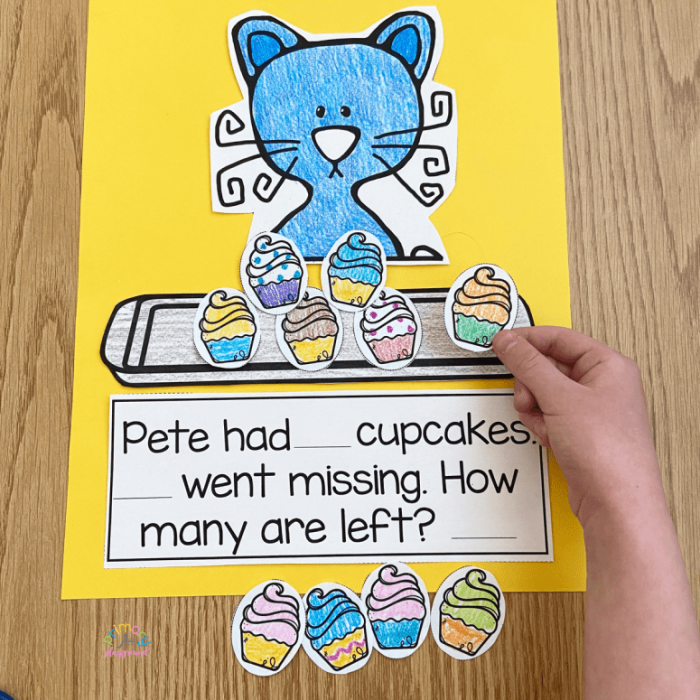 Colorful cupcake-themed worksheet for practicing subtraction facts in first grade