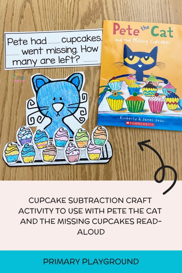 Colorful cupcake-themed worksheet for first graders to practice subtraction facts