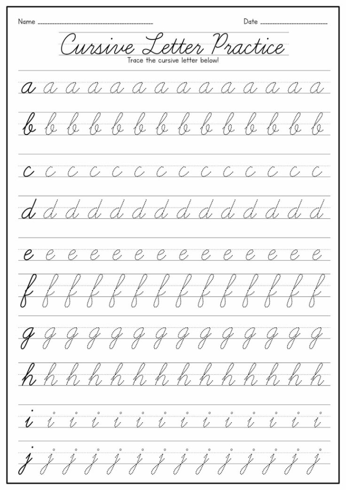 First grade student practicing cursive writing of their first and last name on a handwriting worksheet with dotted guidelines