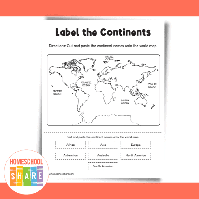 Label the continents with this engaging cut-and-paste worksheet for first graders
