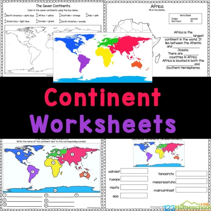 First grade student cut and paste worksheet for labeling the seven continents