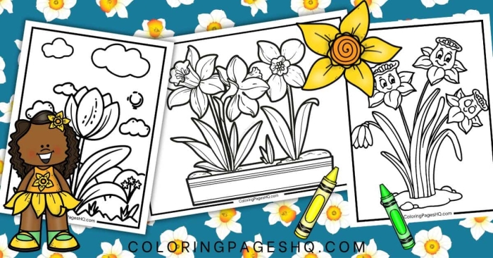Daffodil Flower Parts Coloring Worksheet for Early Learners First grade student coloring a yellow daffodil flower with labeled parts diagram for spring learning activity