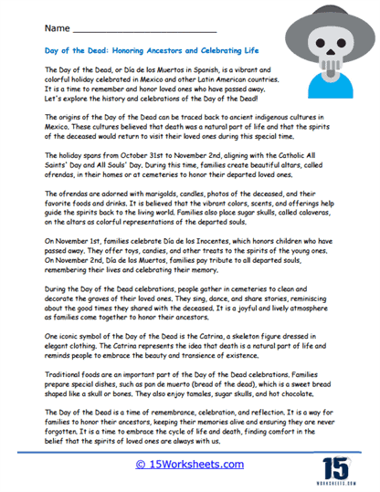 Colorful Day of the Dead skull worksheet for first graders to create a paper sugar skull. Engaging activity sheet for learning about Day of the Dead traditions.