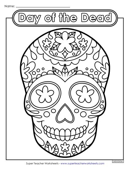 Colorful Day of the Dead skull worksheet for first graders to print and decorate
