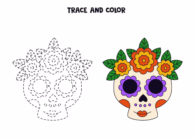 First grade student coloring a festive paper sugar skull for a Day of the Dead activity