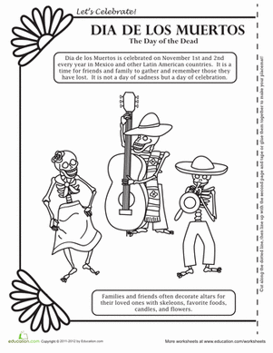 Colorful Day of the Dead skull worksheet for first graders to color and decorate