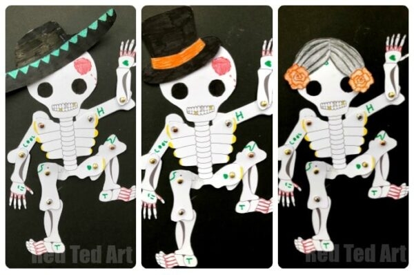 A first grade student coloring a decorative paper sugar skull worksheet for Day of the Dead