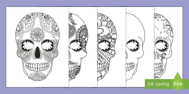 A colorful Day of the Dead sugar skull paper craft activity worksheet for first graders