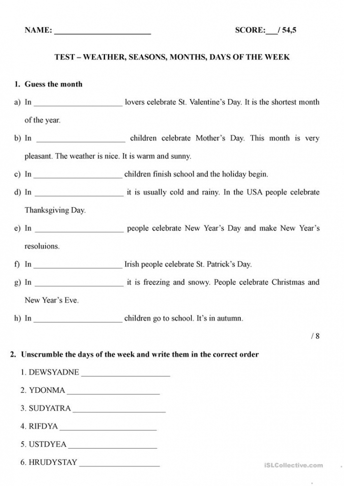 First grade days months and seasons assessment worksheet with calendar and seasonal activities for children