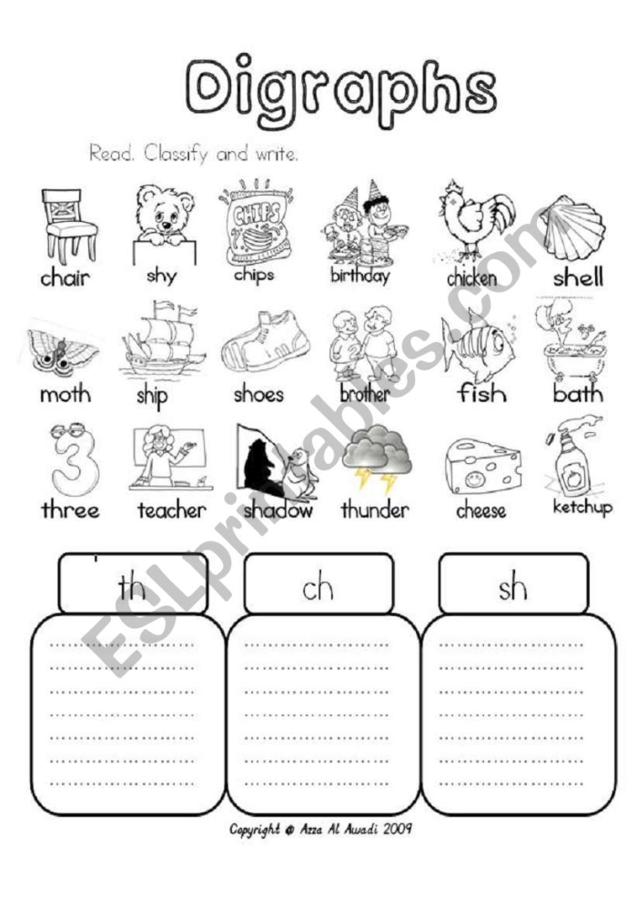 First grade phonics worksheet focusing on identifying words with sh ch th and wh digraphs