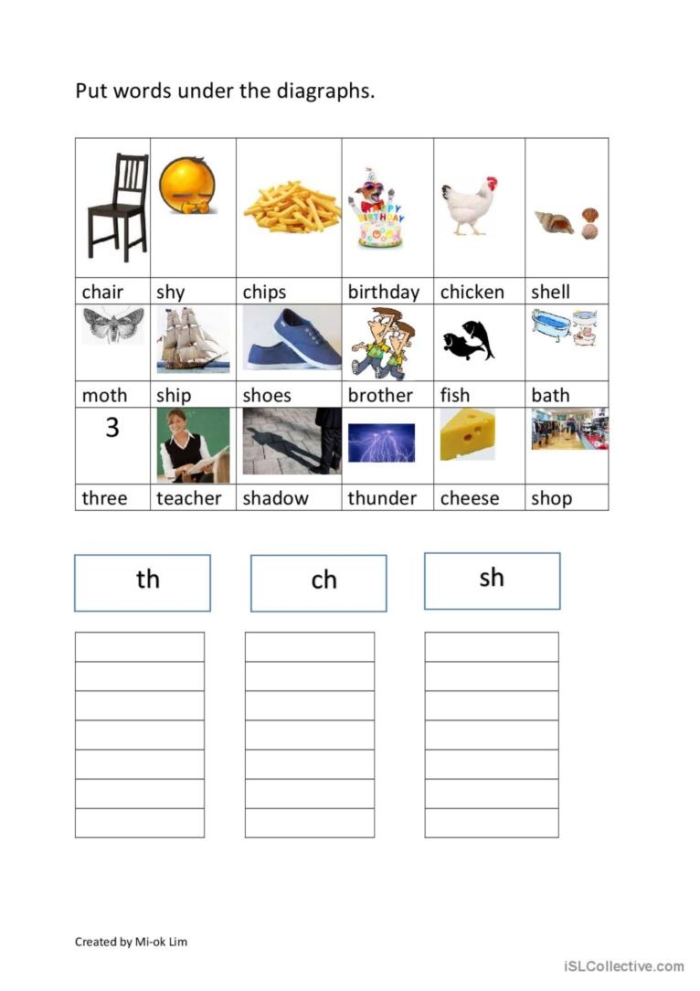First grade students matching words with the same ch sh th and wh digraphs on a phonics worksheet