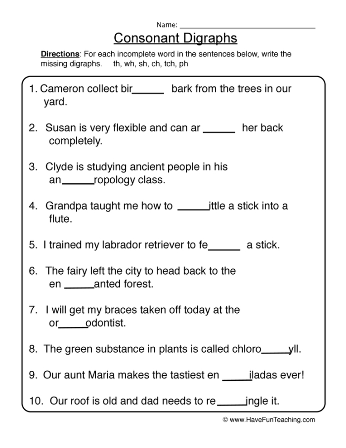 Worksheet featuring first graders practicing digraphs Wh, Sh, Ch, and Th