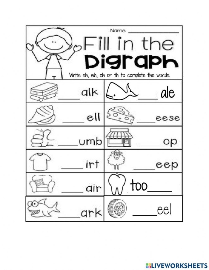 Worksheet for practicing digraphs Wh, Sh, Ch, and Th for first graders
